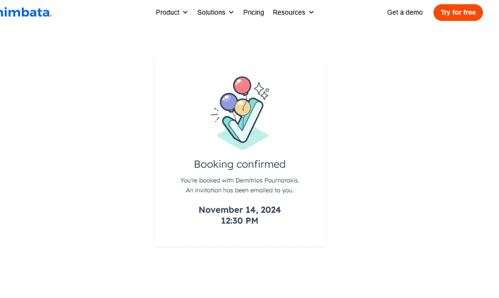Nimbata “Booking confirmed” page