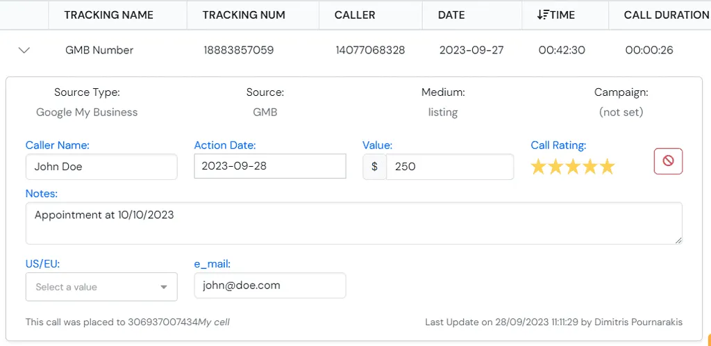 Nimbata Call Tracking edit call information