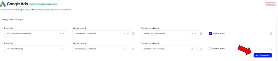Nimbata Google Ads integration conversion setting up
