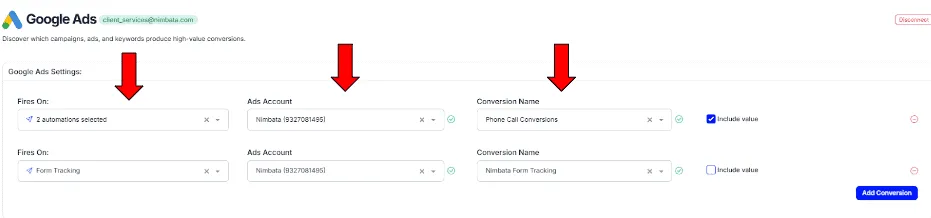 Nimbata Google Ads integration conversion setting up