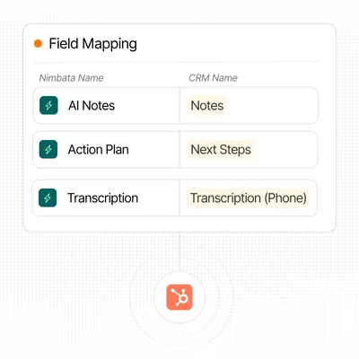 CRM field mapping interface showing how Nimbata syncs AI Notes, Action Plans, and Transcriptions with CRM fields like Notes and Next Steps.