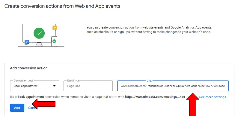 Google Ads conversion action creation screen with URL