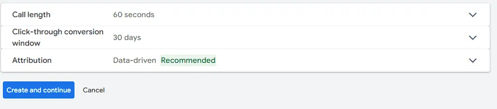 Google Ads conversion tracking and duration choosing screen