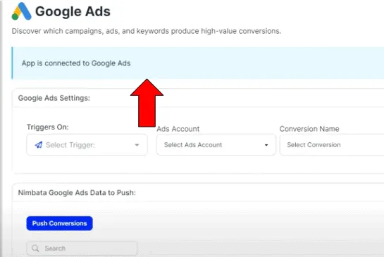 Nimbata Google Ads integration confirmation page