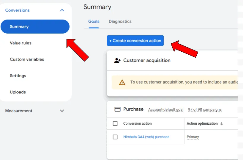 Google Ads conversion summary screen