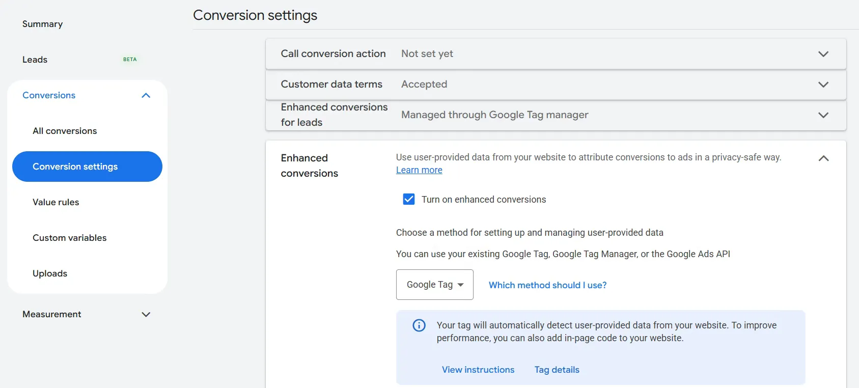 Turning on enhanced conversions in Google Ads conversion settings