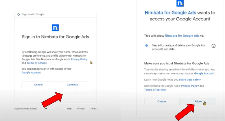 Nimbata Google Ads integration signing in