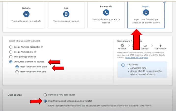 Google Ads conversion tracking options and data importation
