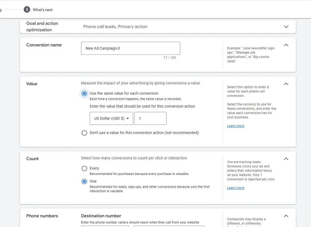 Google Ads tag setting up page