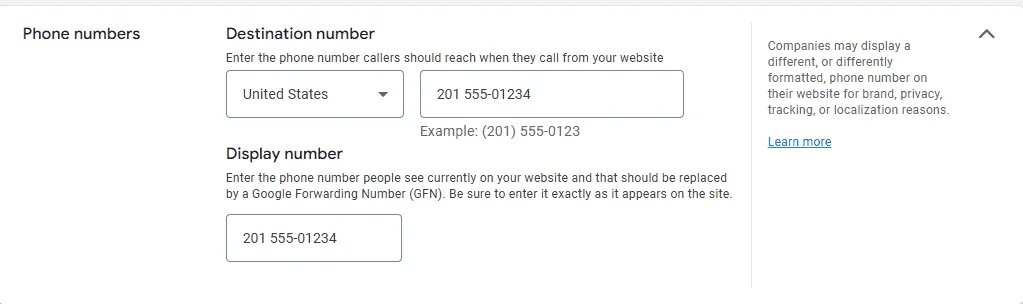 Google Ads conversion tracking and phone numbers page