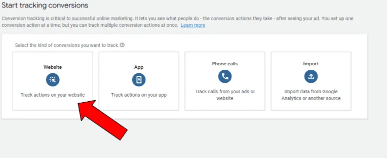Google Ads conversion tracking screen