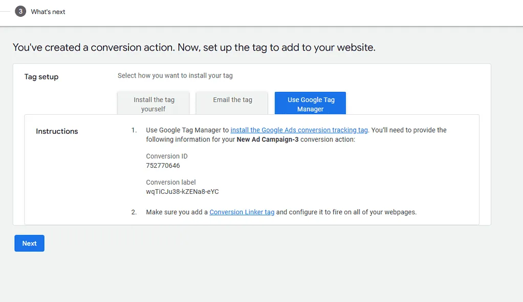 Google Ads tag setting up options for website