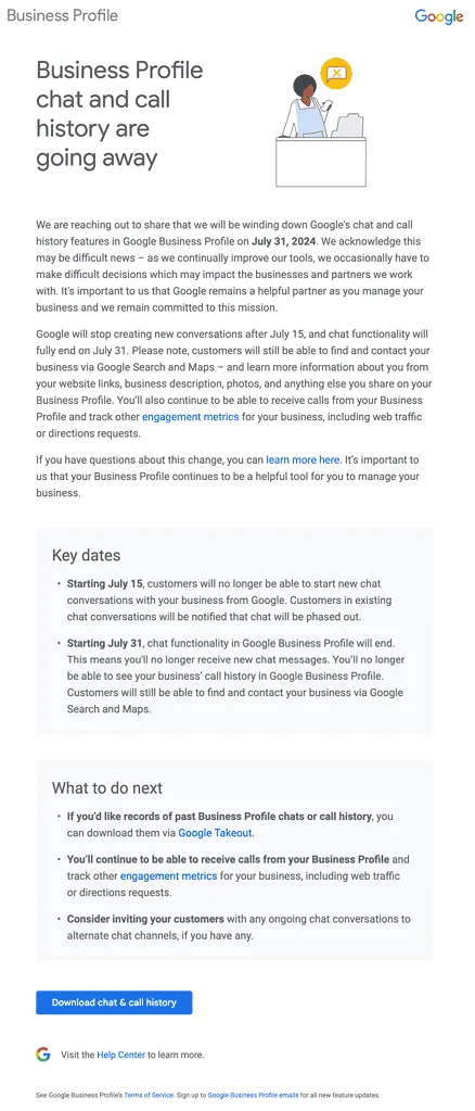 Google My Business call reporting going away email.