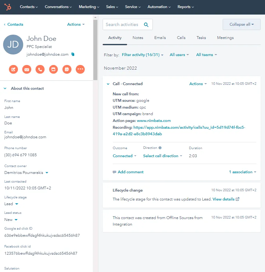Hubspot Call tracking with Nimbata