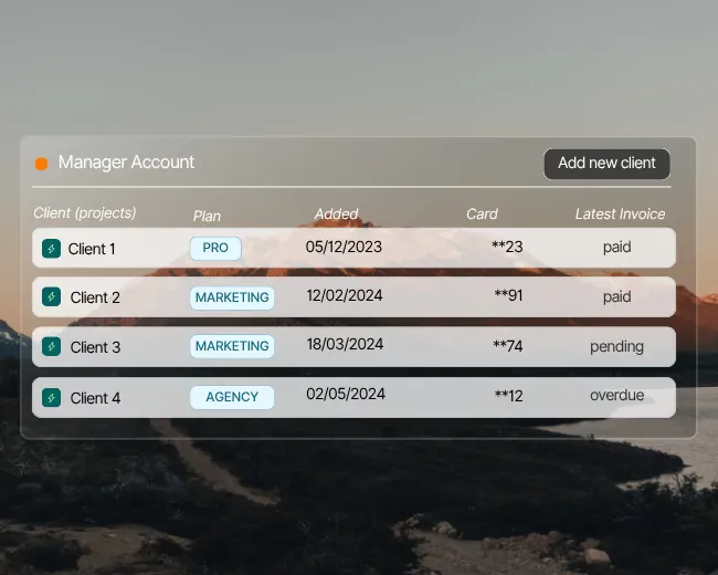 Manage every client from one login, bill them individually or roll up into one agency invoice.