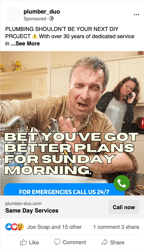 Meta Call Now Ad for Small Business Owners - Example Plumber