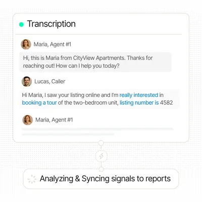 Call transcription interface showing an agent and caller conversation with AI analyzing and syncing insights to reports.