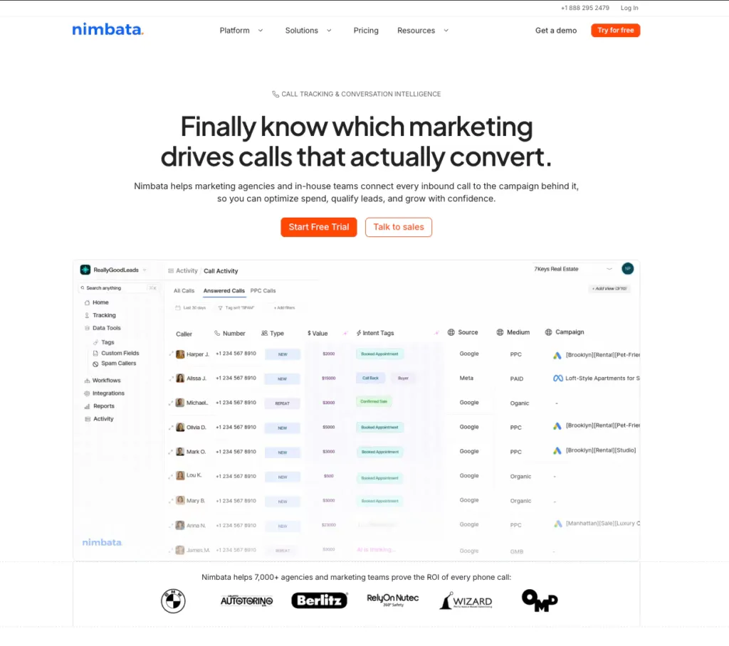 Nimbata Call Tracking - HomePage