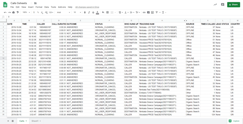Nimbata Integration with Google Sheets