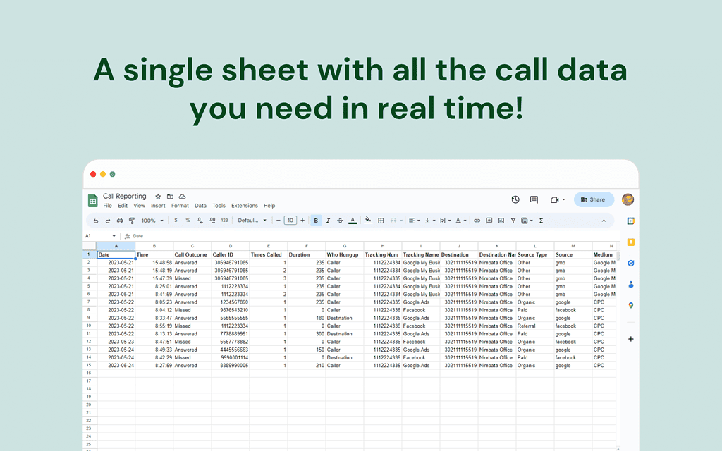 call tracking for Google Sheets