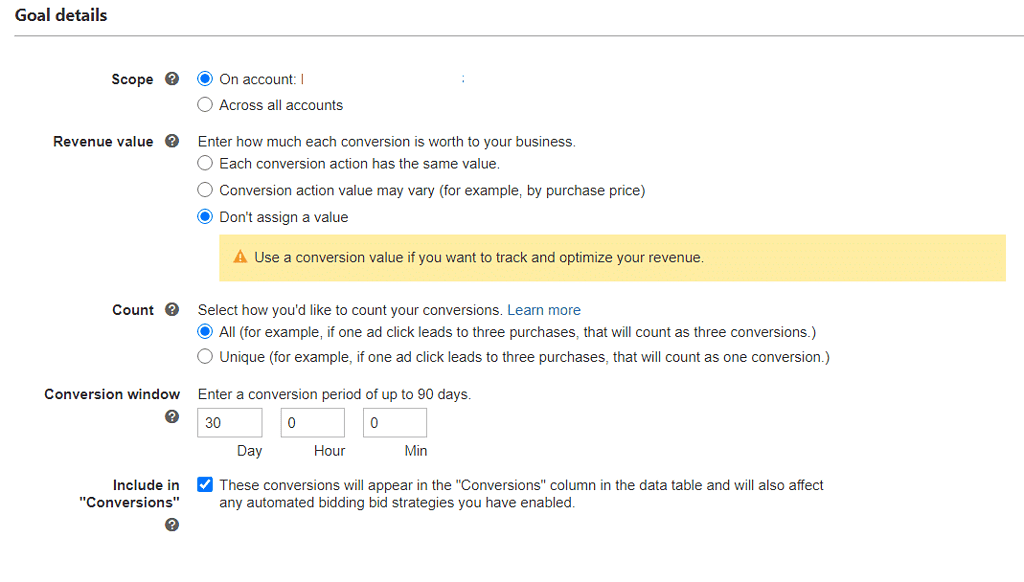 Editing Goal Details in Microsoft Ads