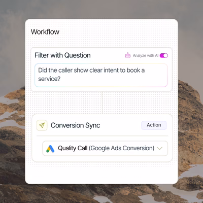 Nimbata workflow using an AI question about caller booking intent to fire a Quality Call conversion to Google Ads