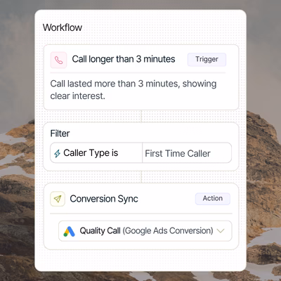 Nimbata automation rule firing a Qualified Call conversion to Google Ads when a call passes the duration condition