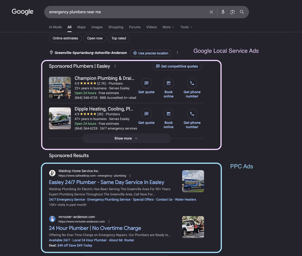 Google search results for "emergency plumbers near me" showing Local Services Ads at the top, with plumber listings, star ratings and Get quote, Book online and Get phone number buttons, above the sponsored PPC text ads.