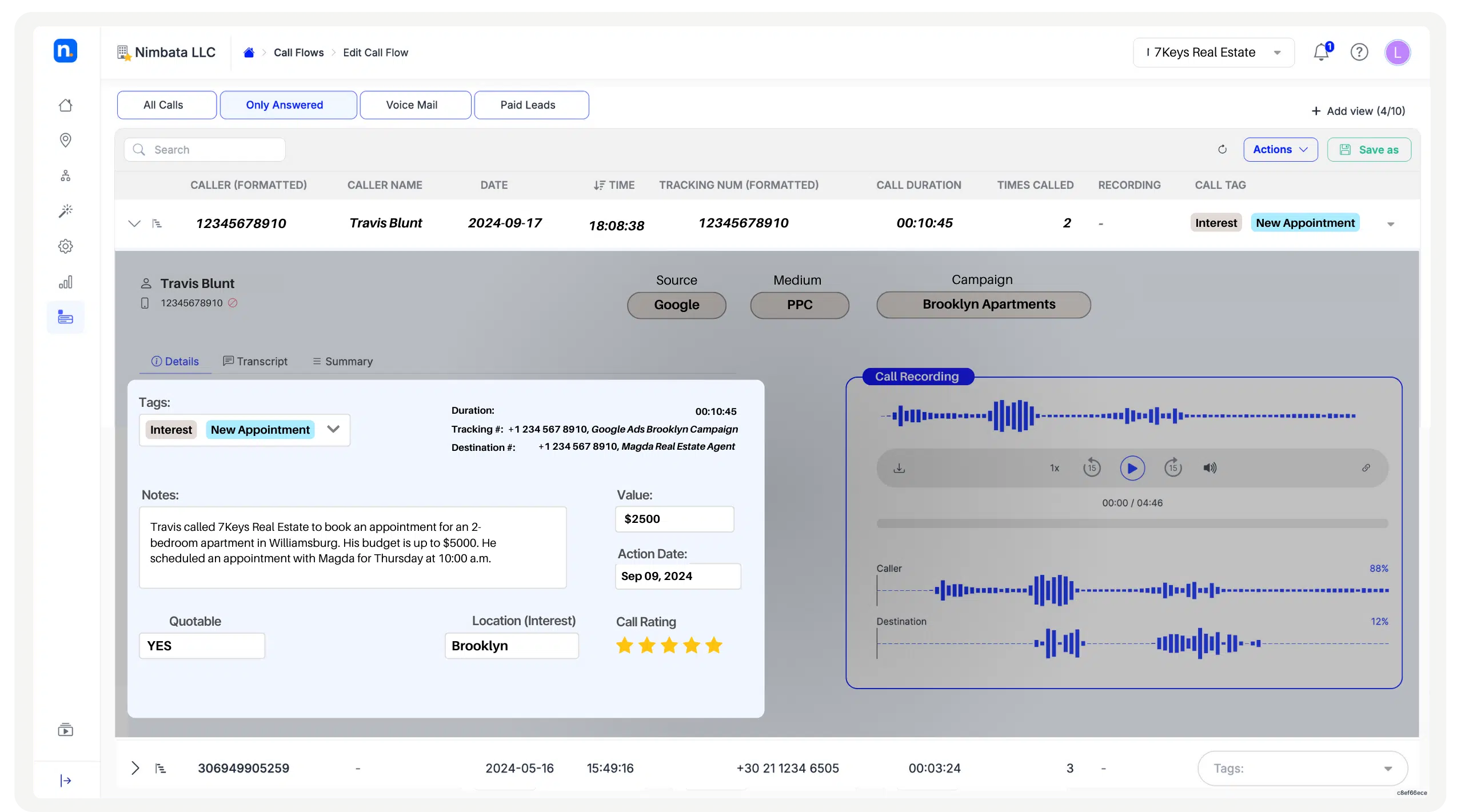 Screenshot 2024-09-09 at 6.35.12 PM Nimbata | Call tracking, as it's meant to be Next step Assign to Tracking Numbers 2556 x 1421