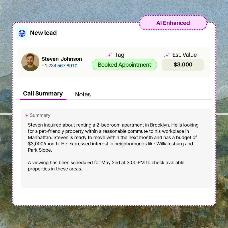 AI-enhanced call summary view with lead details for Steven Johnson, showing estimated value, booking status, and an automated transcription of the conversation.