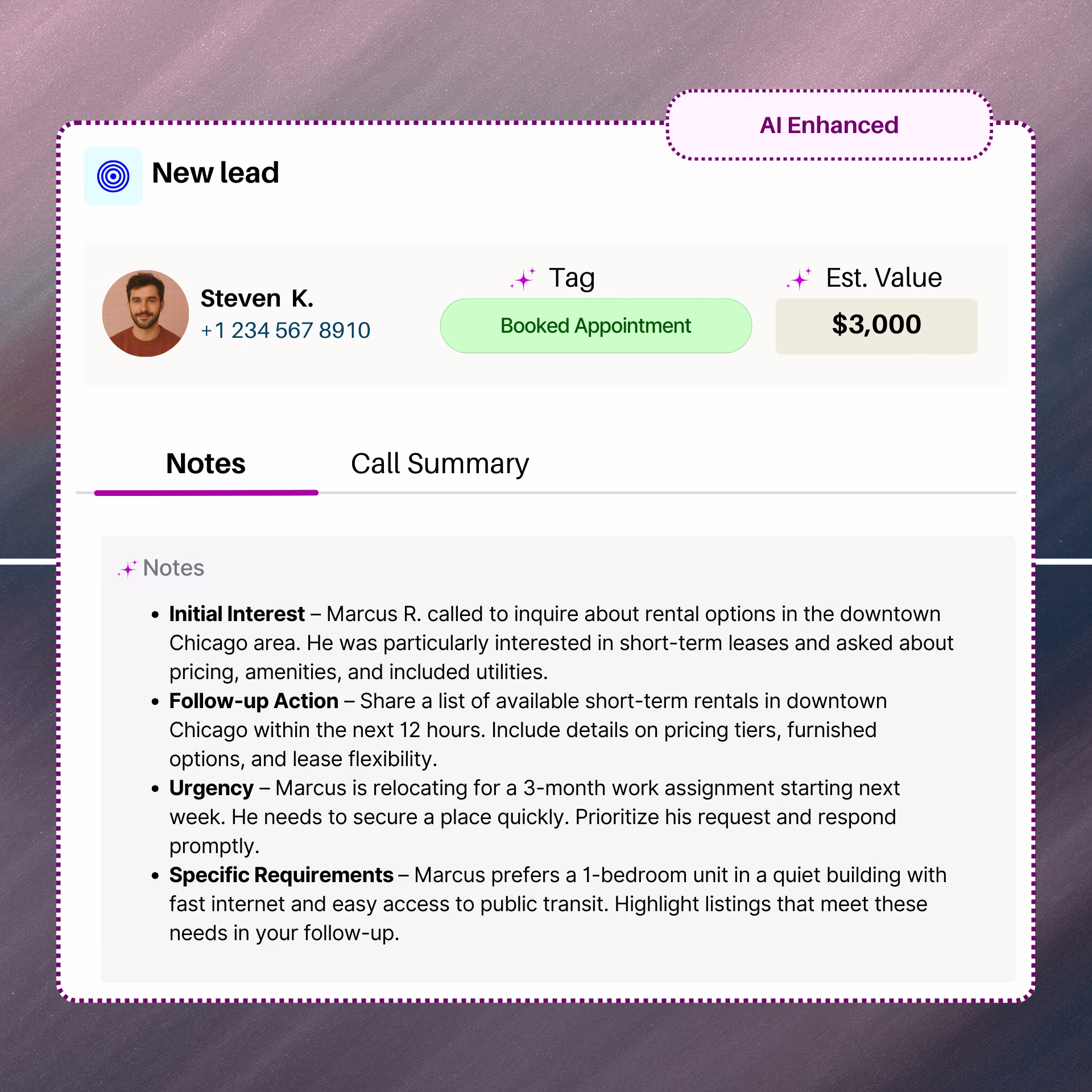 AI-enhanced call notes view with lead details , showing estimated value, booking status, and an automated transcription of the conversation.