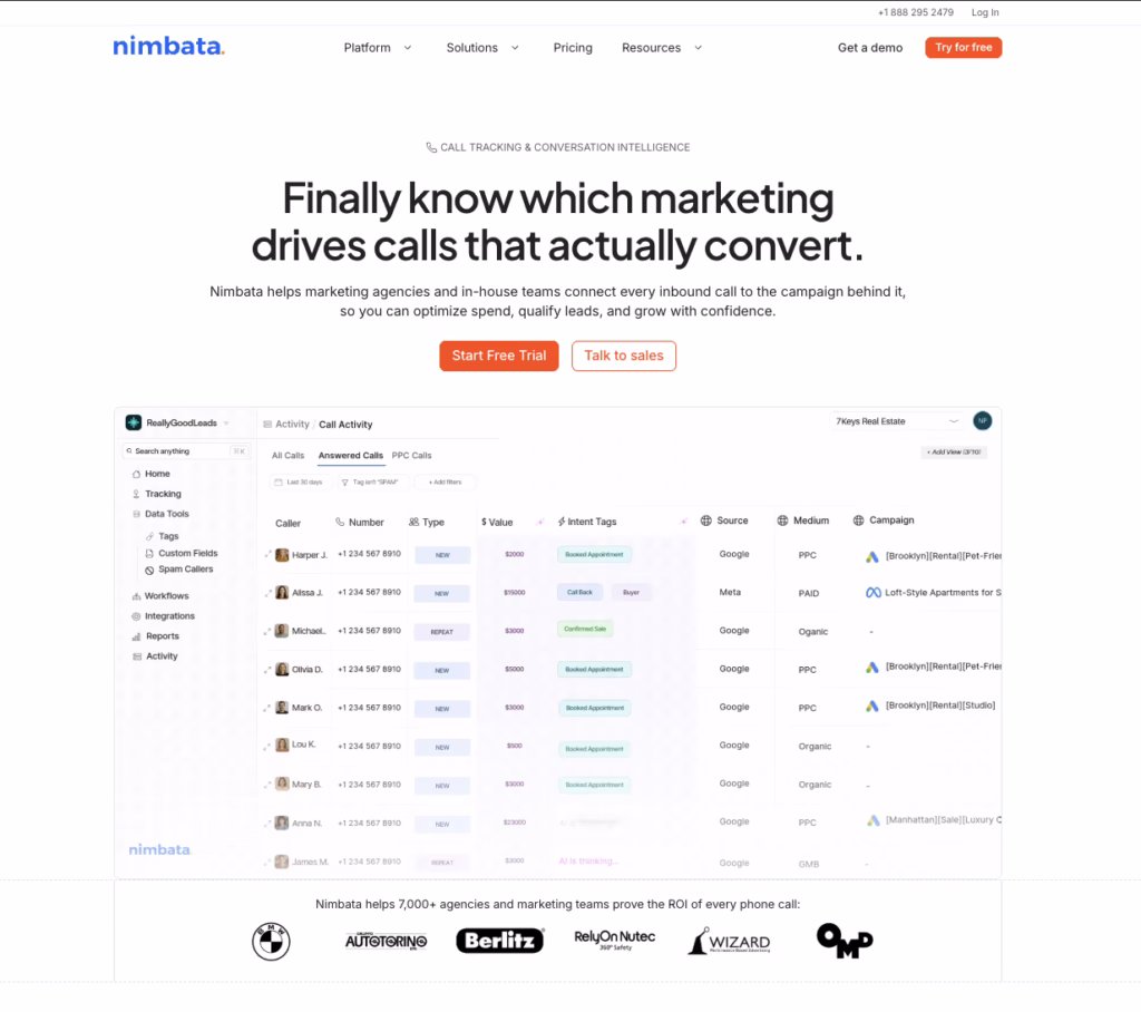 Nimbata Call Tracking - HomePage