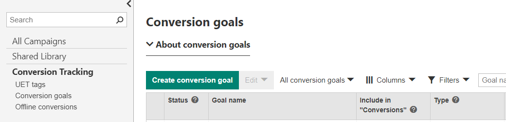 create conversion goal microsoft bing ads