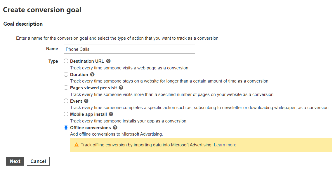create conversion goal description type offline conversions