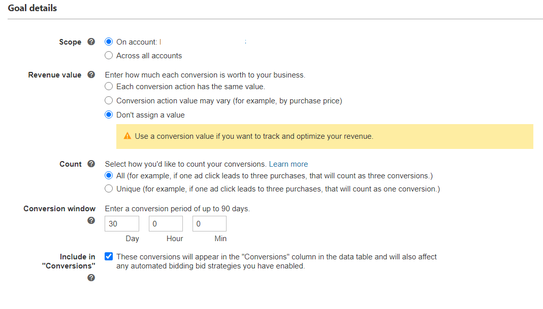goal detail revenue value don't assign one 