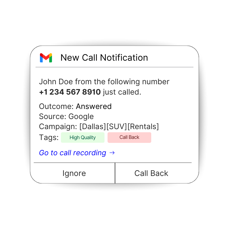 Open call recordings and view key call details right from your inbox—no extra logins. Review conversations faster, share insights with your team, and keep your call tracking workflow in one place.