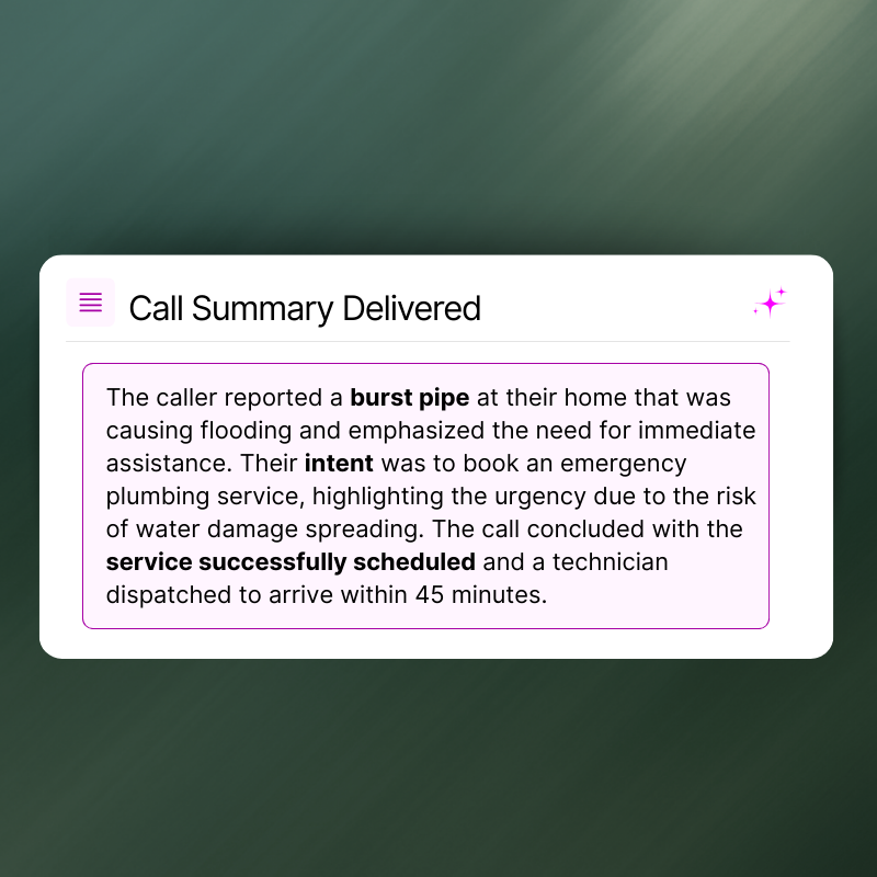 Gain full clarity with AI call summaries- know your caller's intent, sentiment and outcome