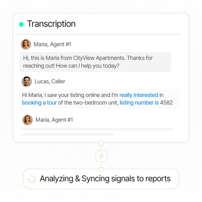 Call transcription interface showing an agent and caller conversation with AI analyzing and syncing insights to reports.
