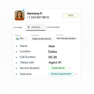 Call conversion tracking-Lead details card showing caller's attribution such as PPC source, campaign, call duration, and booked appointment.