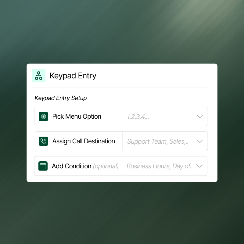 Keypad entry setup-pick menu option, assign call destination and add codition to streamline your operations.