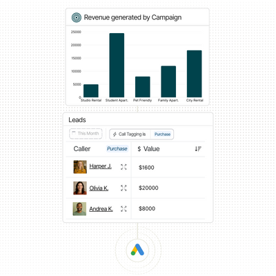 Revenue analytics by campaign with AI-assigned values for each lead in call activity.
