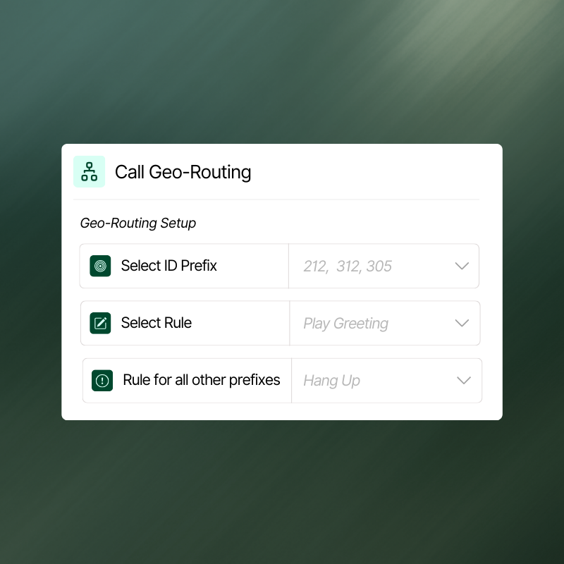 Call Geo-Routing- Select ID prefix and the right rules to route calls automatically based on location.
