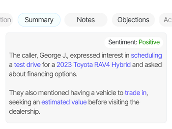 Analyze transcriptions with AI Call Tracking and turn it into summaries, notes, objection lists, agent performance etc